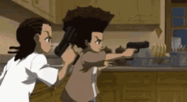 two cartoon characters holding guns in a kitchen .