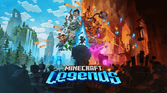 a poster for minecraft legends shows a waterfall and a castle