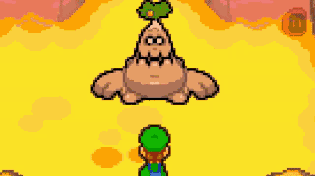 a pixel art drawing of a man wearing a green hat with a l on it