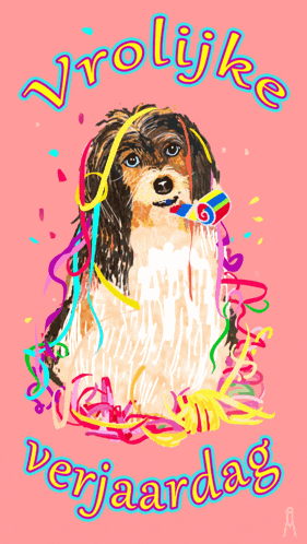 a drawing of a dog with a party horn and the words vrolijke verjaardag on the bottom