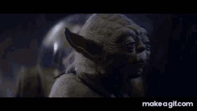a close up of yoda 's face with make a gif.com at the bottom