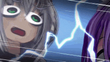 two anime girls are standing next to each other and a lightning bolt is coming from the sky .