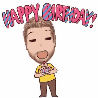 a cartoon of a man with a beard holding a birthday cake with the words `` happy birthday '' above him .