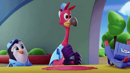 a penguin and a flamingo from a cartoon are sitting at a table with pink paint on it