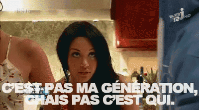 a woman in a kitchen with the words " c'est pas ma generation "