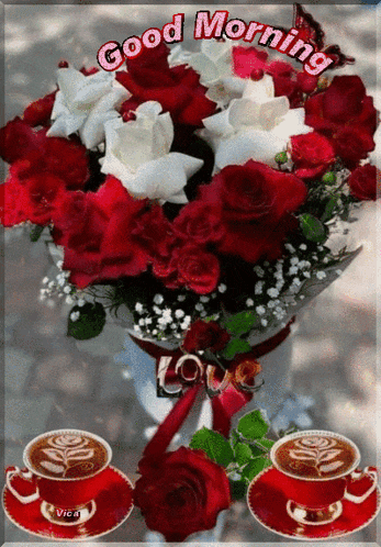 a bouquet of red and white roses next to two cups of coffee and saucers