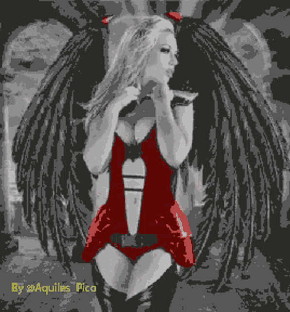 a pixel art of a woman in a red dress with black wings