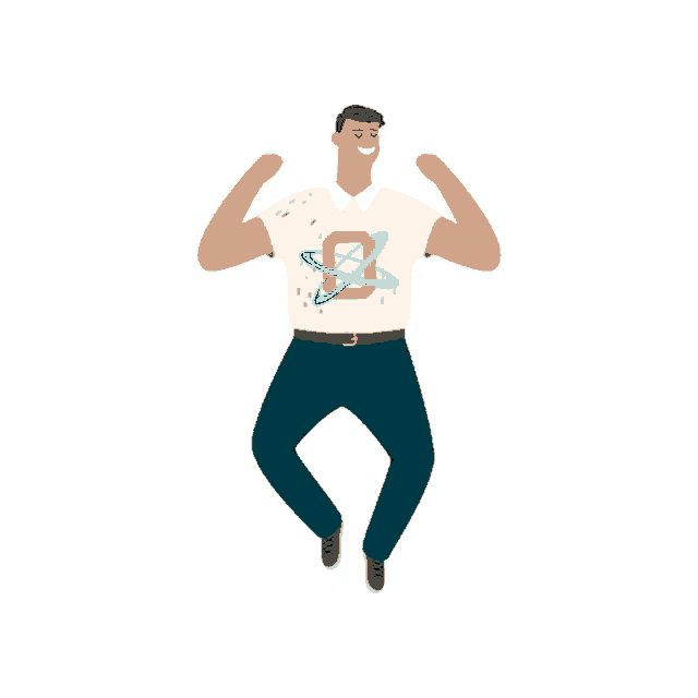 a man is jumping in the air with his arms in the air while wearing a white shirt with an atom on it