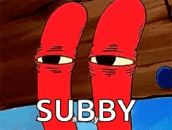 a cartoon character from spongebob squarepants is standing next to a wooden plank and says subby .