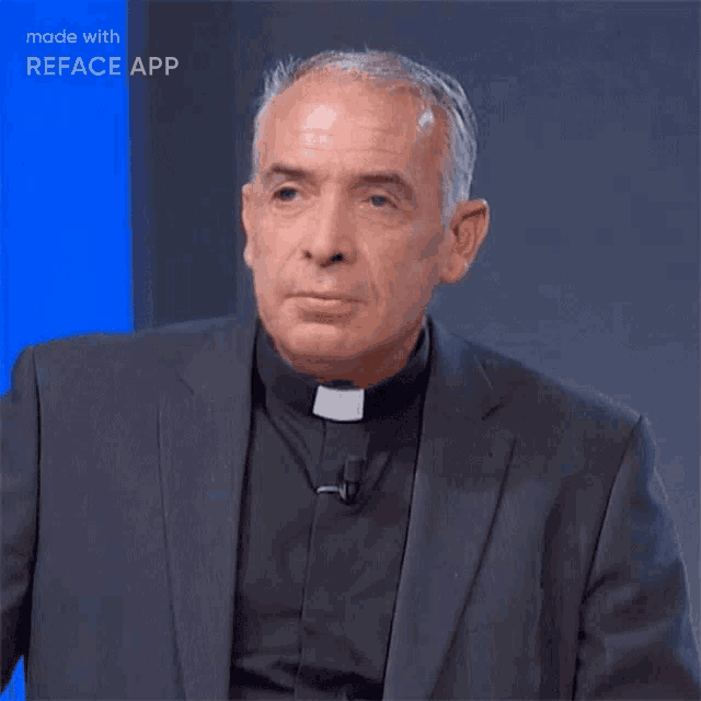 a man wearing a suit and a priest collar is made with reface app