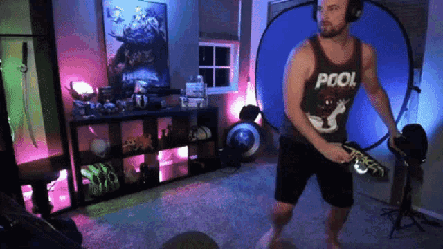 a man is wearing a tank top that says pool