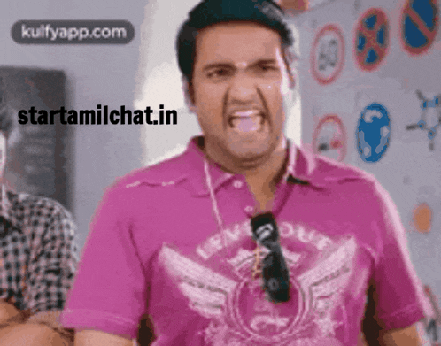 a man in a pink shirt is making a funny face and the website starttamilchat.in is behind him