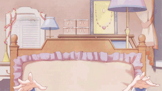 a girl in a sailor uniform is sitting on a bed covering her face with her hand