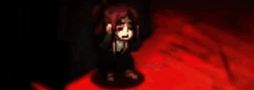 a cartoon girl is standing in a dark room with a red background .