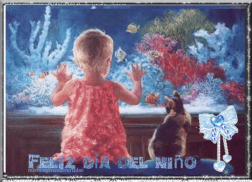 a little girl in a red dress looks at fish in an aquarium with the words feliz dia del niño written on the bottom