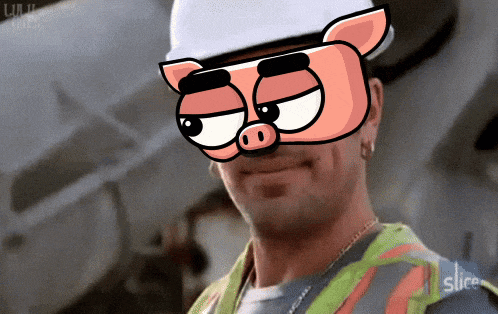 a man wearing a hard hat and safety vest is wearing a pig mask