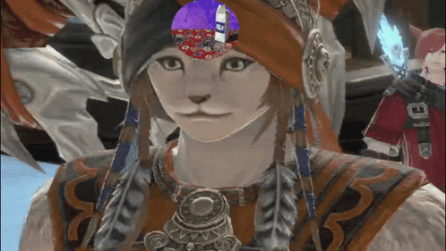 a cat wearing a turban with a purple circle on top of it