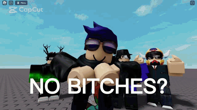 a group of roblox characters standing next to each other with the words no bitches on the bottom