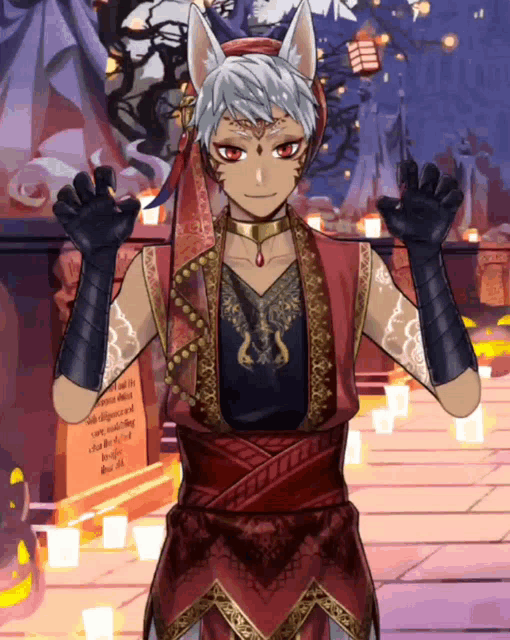 a cartoon character with a cat 's head and ears is wearing a red vest and black gloves