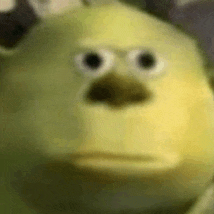 a close up of a cartoon character 's face with big eyes .