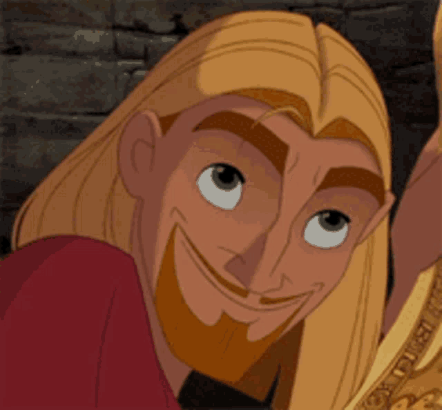 a cartoon character with blonde hair and a beard is smiling