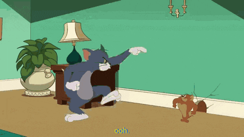 a cartoon of a cat and a squirrel in a room with a plant