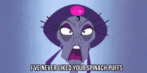 a cartoon character with a purple hat is saying i 've never liked your spinach puffs .