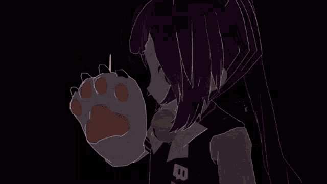a cartoon character with red eyes is holding a bloody knife in her hand .
