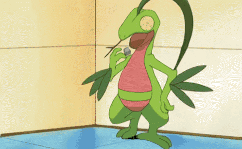 a cartoon lizard is singing into a microphone while standing on a blue floor .