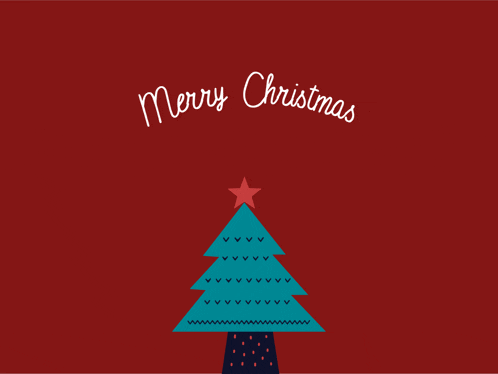 a merry christmas card with a blue christmas tree