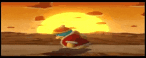 a cartoon character is standing in front of a sunset in the desert .