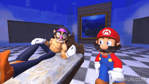 mario and wario are playing a video game with gifrun.com in the bottom right corner