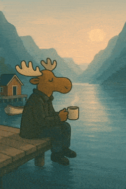 a moose sits on a dock with a cup of coffee