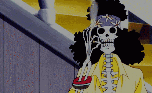 a cartoon of a skeleton wearing a headband with flowers