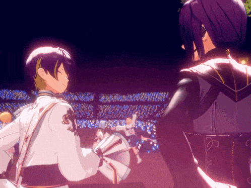 a couple of anime characters standing next to each other with one holding a fan