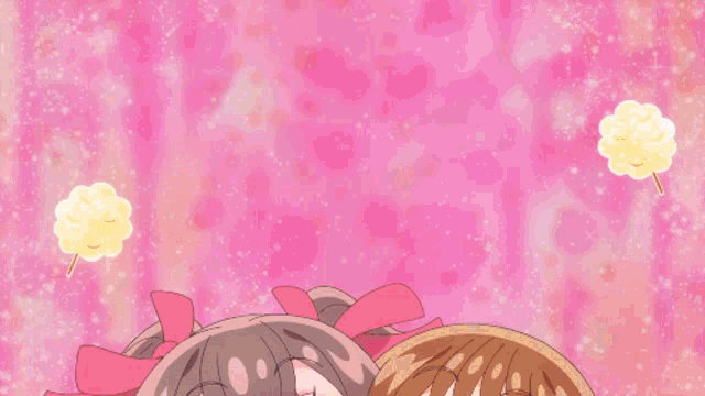 two anime girls with big eyes and hearts on their cheeks