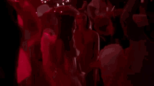 a man and a woman are standing next to each other in a dark room .