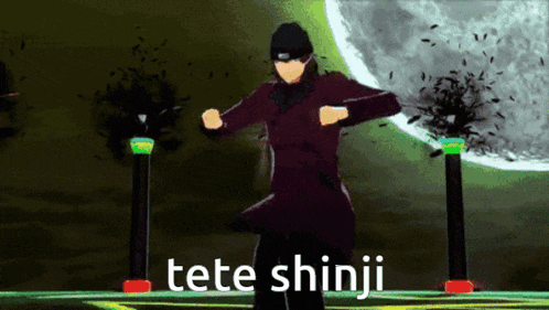 a video game character is dancing with the words tete shinji written on the bottom