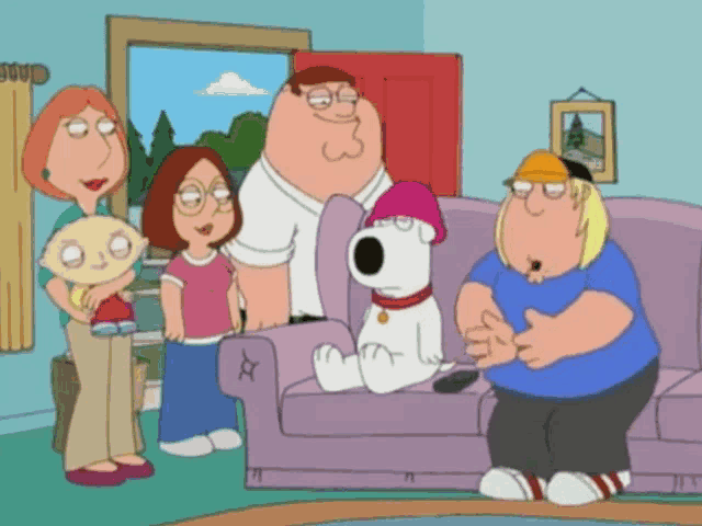 a cartoon family is gathered around a couch with a dog on it