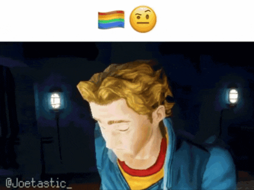 a cartoon of a man with a rainbow flag and a smiley face next to him