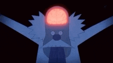 a cartoon character with his arms outstretched and a red light coming out of his head .