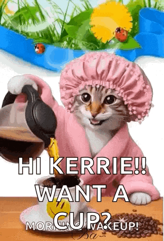 a cat wearing a bathrobe and shower cap pouring coffee into a cup .