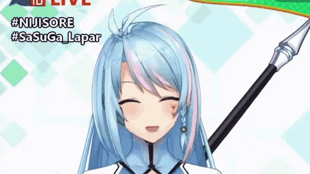 a girl with blue hair is smiling and holding a stick