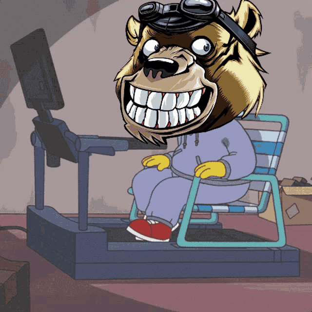 a cartoon of a bear sitting on a treadmill with goggles on