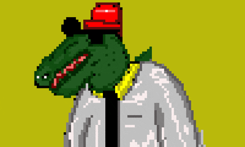 a pixel art of a dinosaur with a red hat on its head