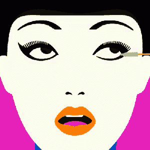 a close up of a woman 's face with orange lips and black eyes