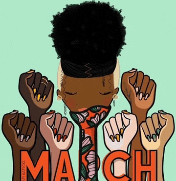 a cartoon drawing of a woman with her eyes closed holding up her fist and the word march behind her