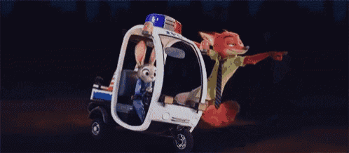 a cartoon rabbit and a fox are driving a police car .