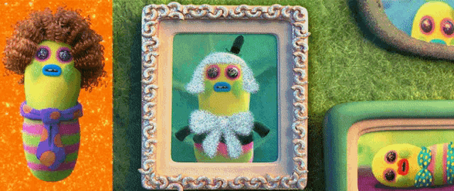 a picture of a stuffed animal with a wig on