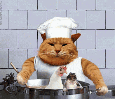 a cat wearing a chef 's hat and apron is stirring a pot